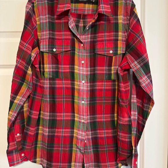 Women’s Size XL Lauren by Ralph‎ Lauren red green yellow plaid Crepe Longsleeve - Picture 1 of 2